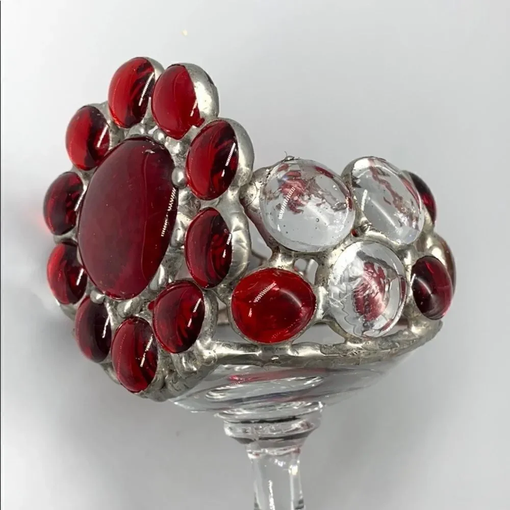 May Nadav Mosaic Art Glass Pedestal Votive Holder Decorative Bowl Red Clear